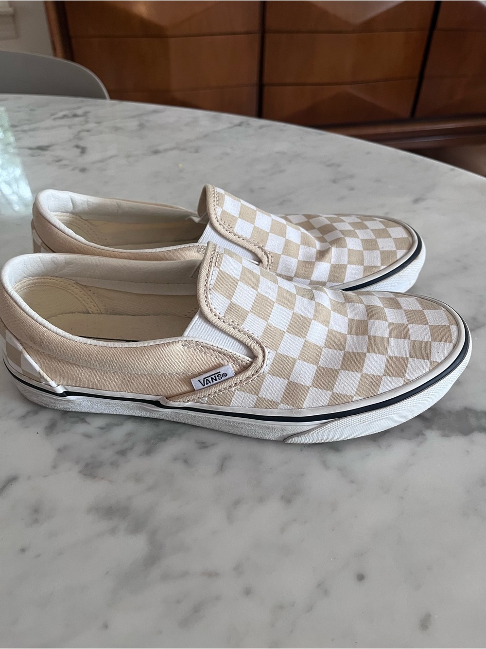 Vans Classic Slip-On Beige White Checkerboard Sneakers, Size 9 Women’s